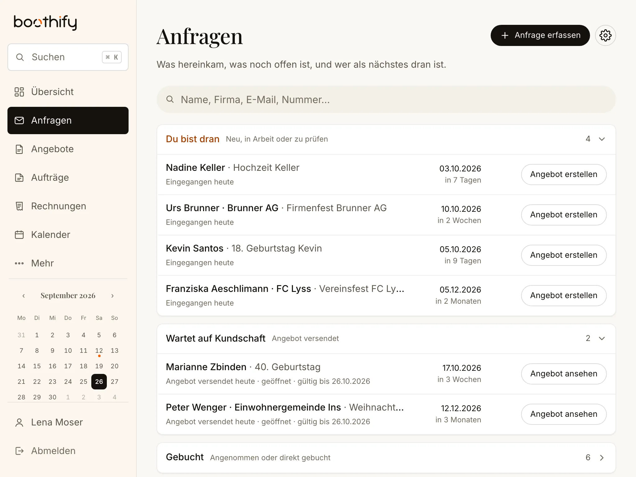 Die Anfragen in Boothify, gruppiert danach, wer dran ist