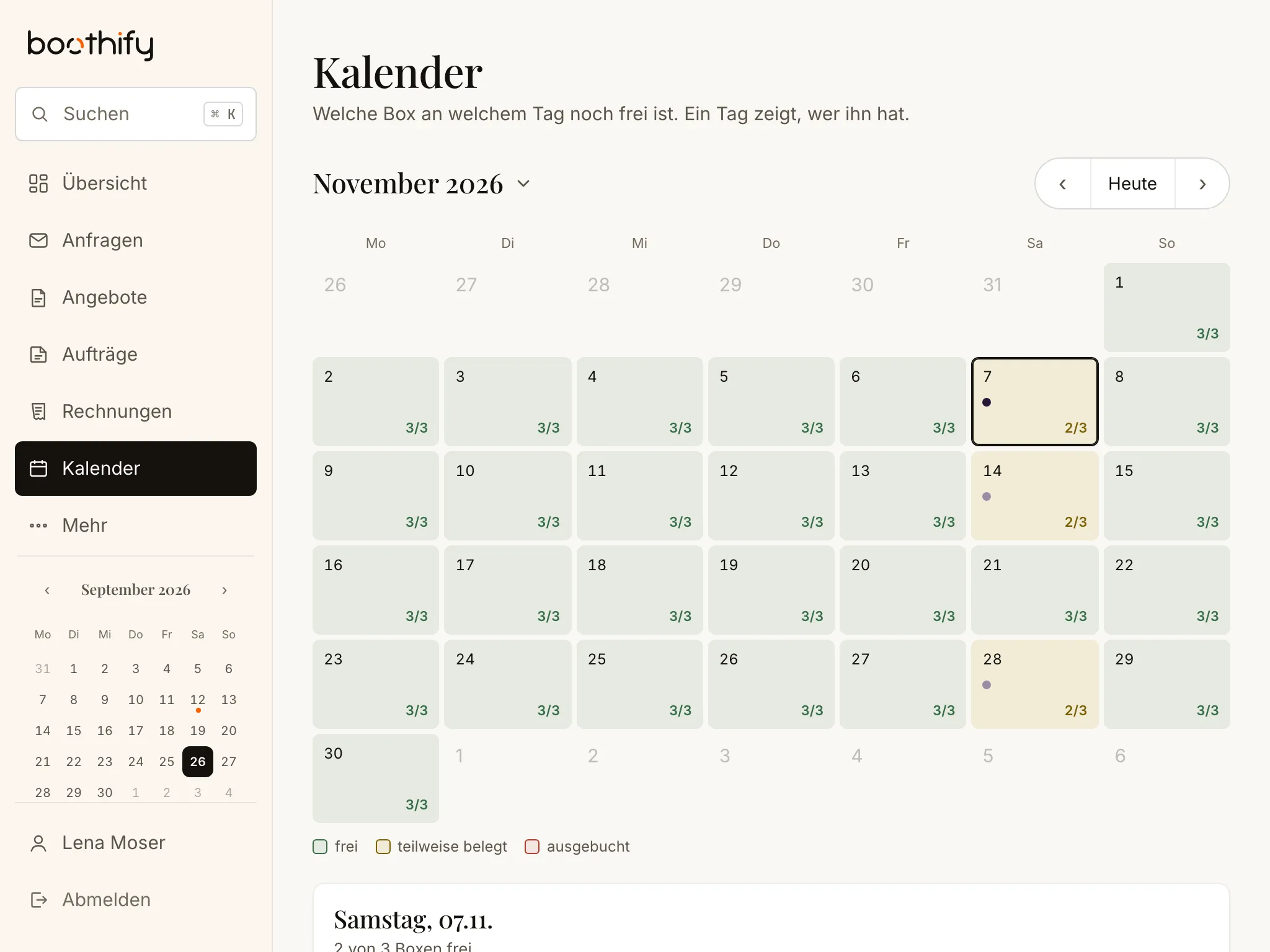 Der Kalender mit den Buchungen eines Monats