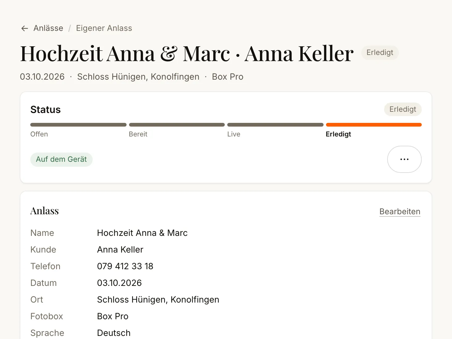Ein Anlass in Boothify Live mit Status, Angaben und der Rückmeldung des Geräts