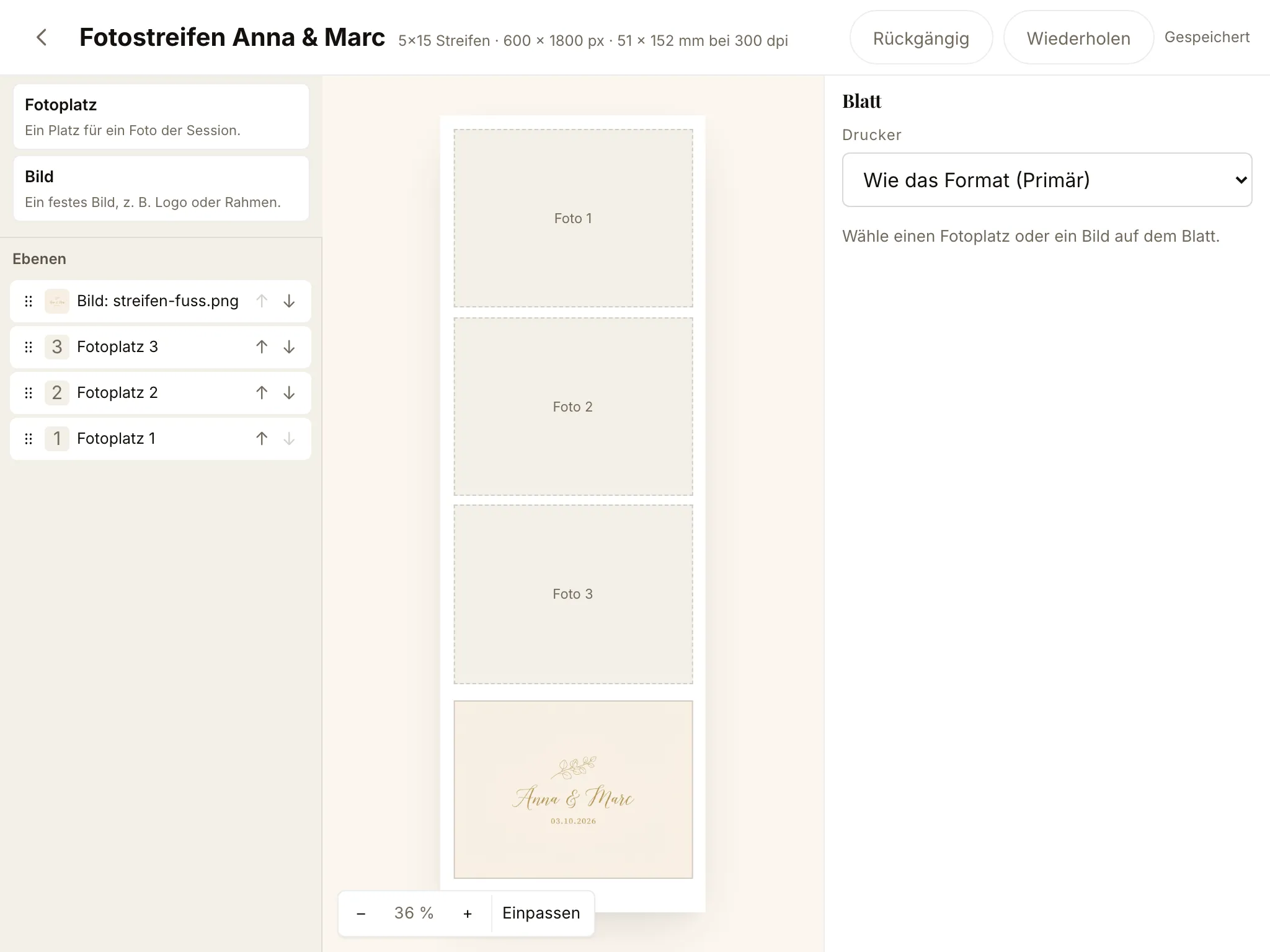 Der Layout-Editor mit einem Fotostreifen aus drei Fotos und den Namen des Brautpaars