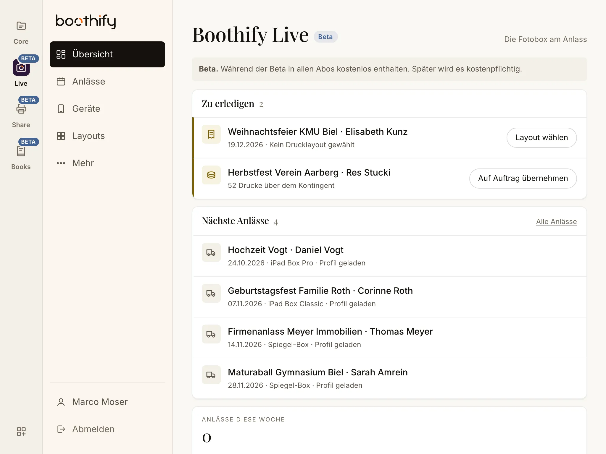 Boothify Live: die Übersicht mit offenen Aufgaben und den nächsten Anlässen