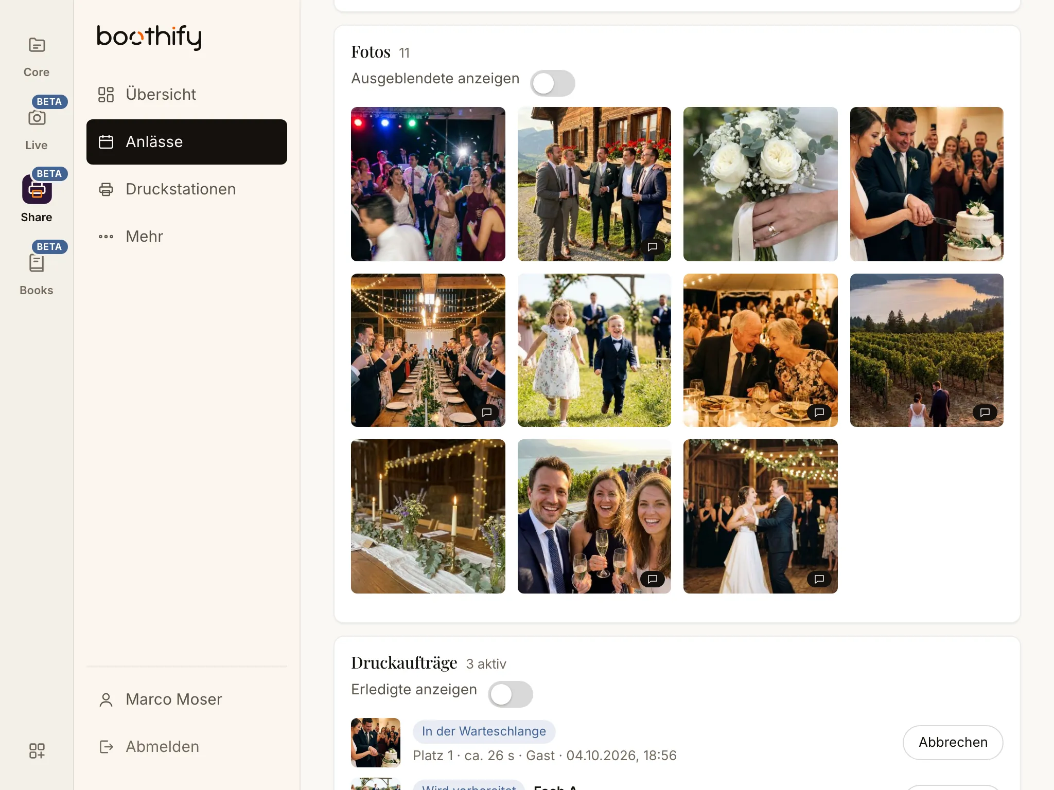 Boothify Share & Print: die Fotos der Gäste einer Hochzeit im Backoffice